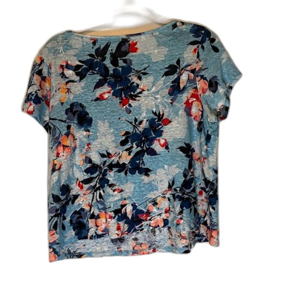 J Jill Love Linen Top L Petite Blue Floral Cap Sleeve Tropicalcore Casual Resort - Picture 3 of 5